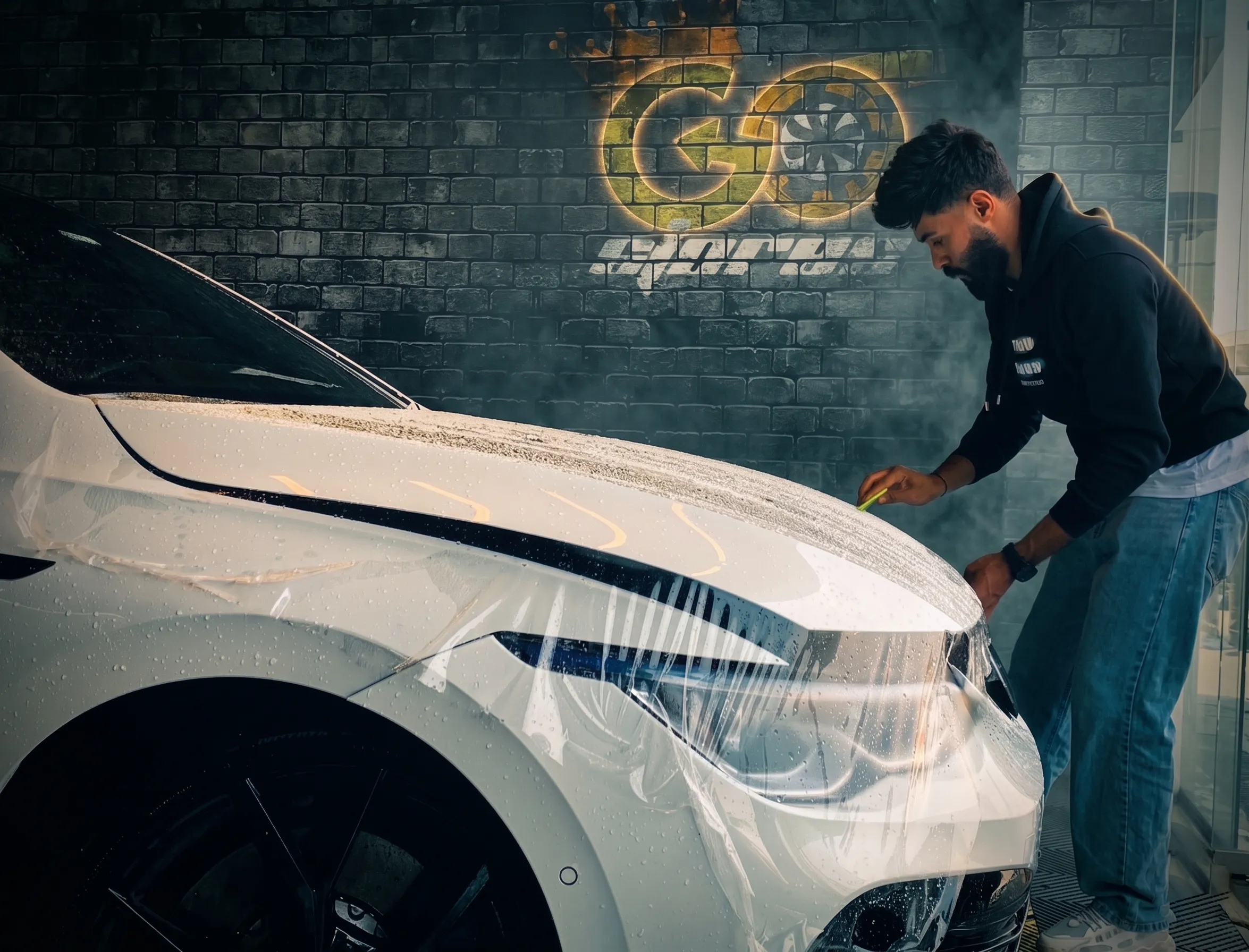 Technician applying clear protective film to a white car panel inside the Go Stores workshop
