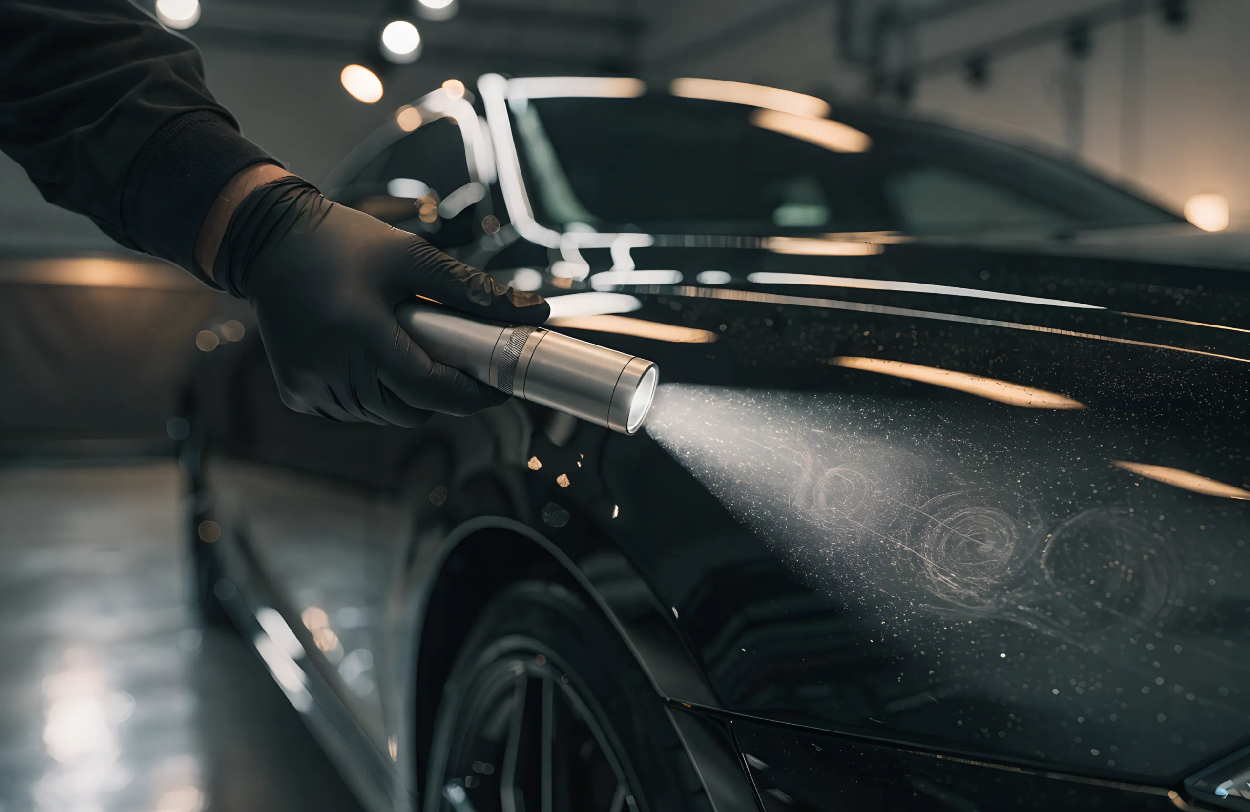 Gloved hand using an inspection tool on a black car hood