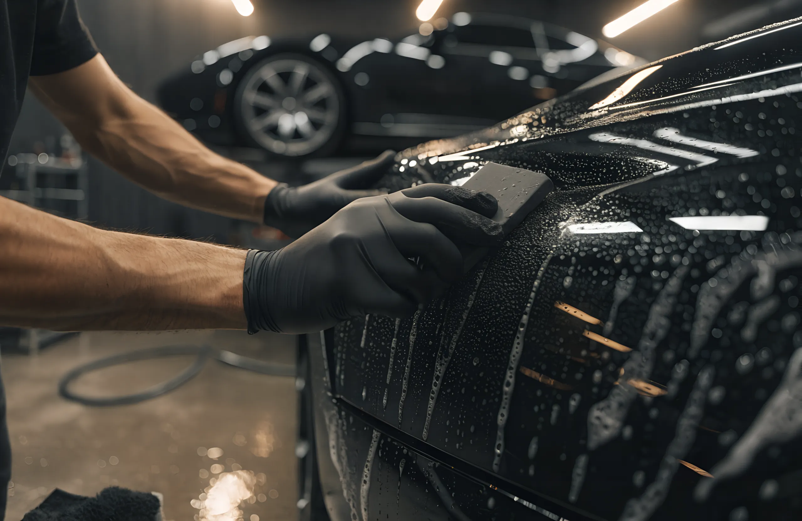 Hands clay-barring a black panel with water droplets