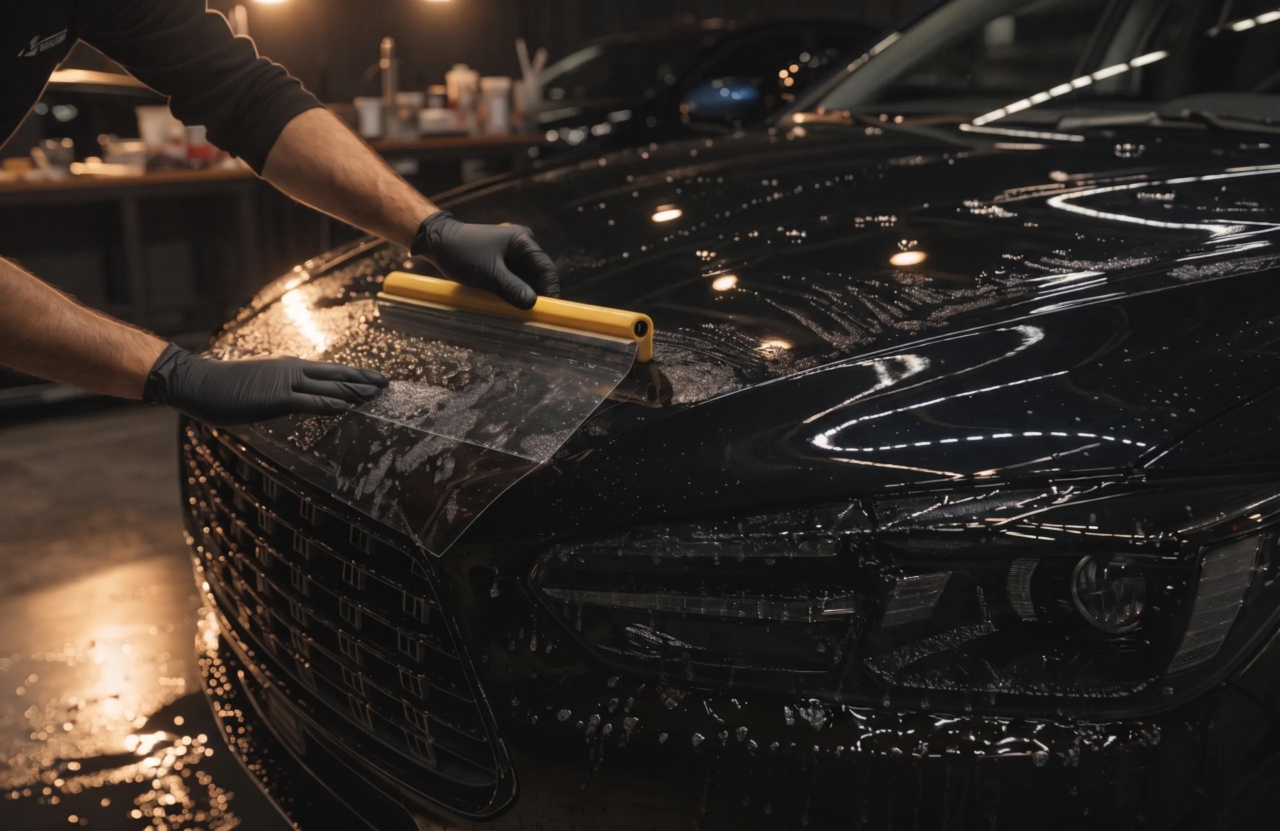 Hands smoothing wet protection film with a yellow squeegee