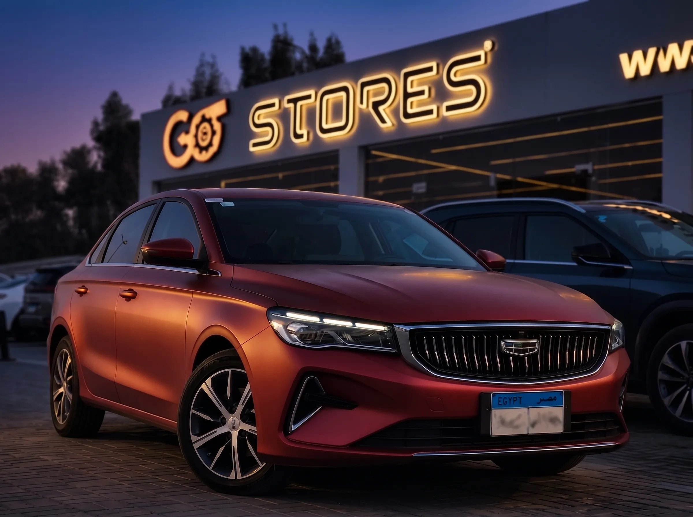 Matte red Geely sedan, dusk grading — GO Matte tier